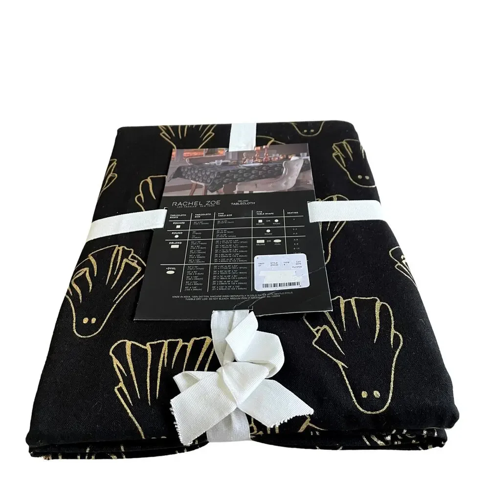 Rachel Zoe HALLOWEEN GHOST Tablecloth 60x120 Oblong Cotton Black & Gold NEW